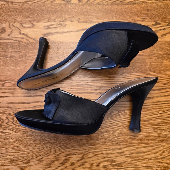 Vintage 90s Rampage Womens 10 Black Satin Bow Mule 3" Heels Open Toe Slide - Picture 5 of 10